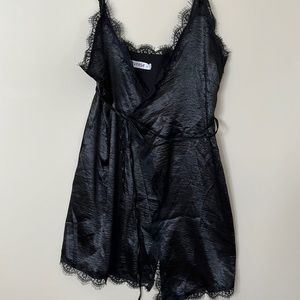 Black satin lace mini wrap dress